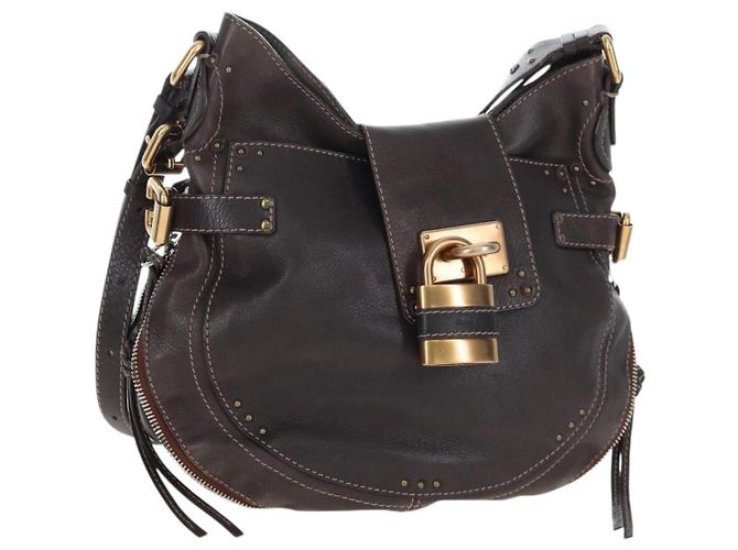 Chloé Bolsa Chloe Paddington Shoulder Bag em couro 2way Marrom Ouro Prata Auth BA16069V Dourado