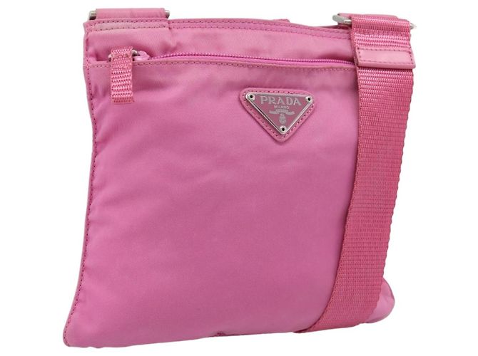 Bolsa de Ombro PRADA Nylon Rosa Prata Auth 207599A