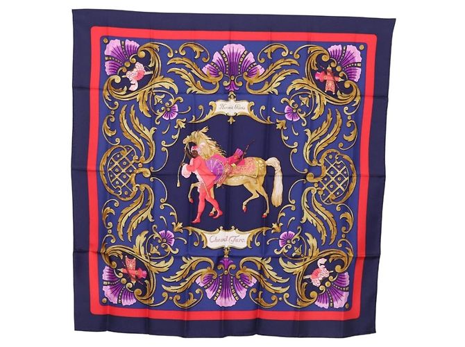 Hermès Foulard HERMES Carre 90 Seta Blu Rosso "Cheval Jurc." Auth ki6866M