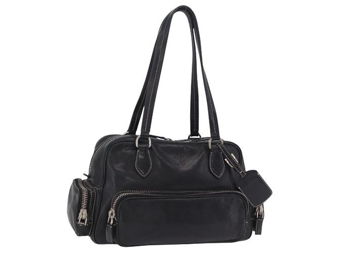 PRADA Handtasche Leder Schwarz Silber Auth 207680