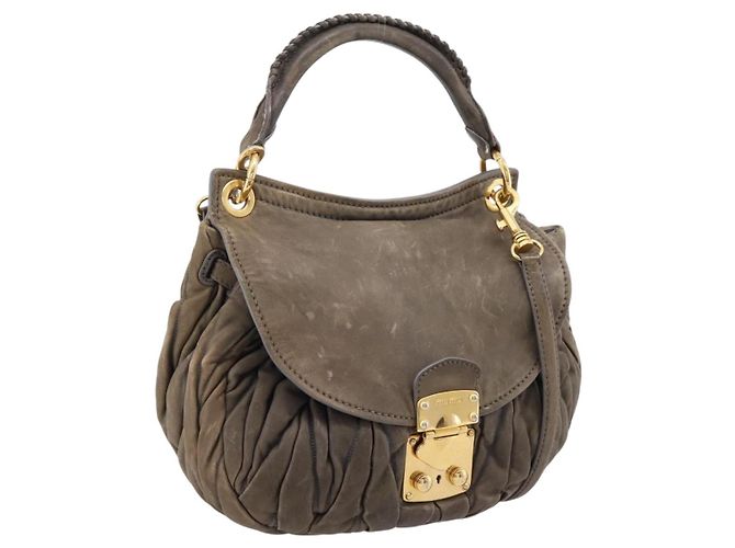 Bolsa de Mão Miu Miu Matelassé em Couro 2way Cinza Tom Dourado Auth 167729A Marrom