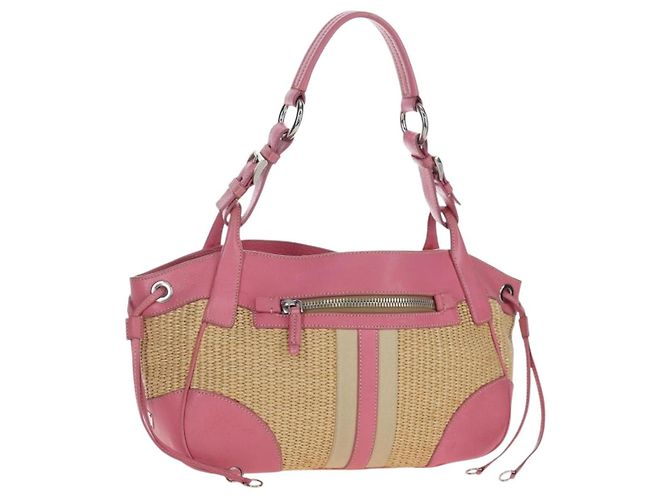 Borsa a tracolla PRADA in rafia Beige Pink Silver Auth am12710V Argento Rosa
