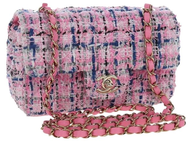 CHANEL Mini Matelasse 19 Single Flap Chain Shoulder Bag Tweed Auth BA16210SM Rosa