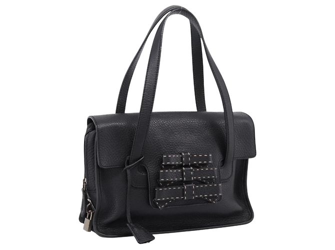 Sac Tote PRADA en cuir noir argent Auth BA16052A Argenté
