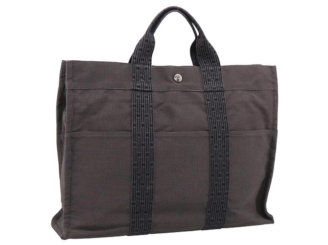 Hermès HERMES Her Line MM Handtasche Canvas Grau Silber Auth 206893 Braun