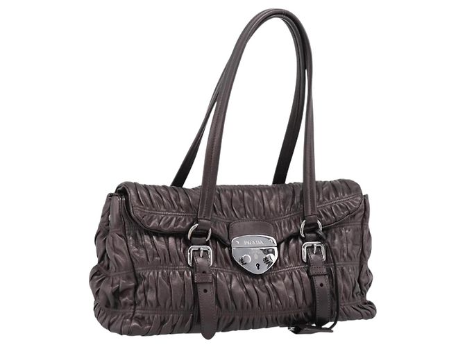 Borsa Tote PRADA Ready Lock in pelle Nappa Grigio Argento Auth am12760M Marrone