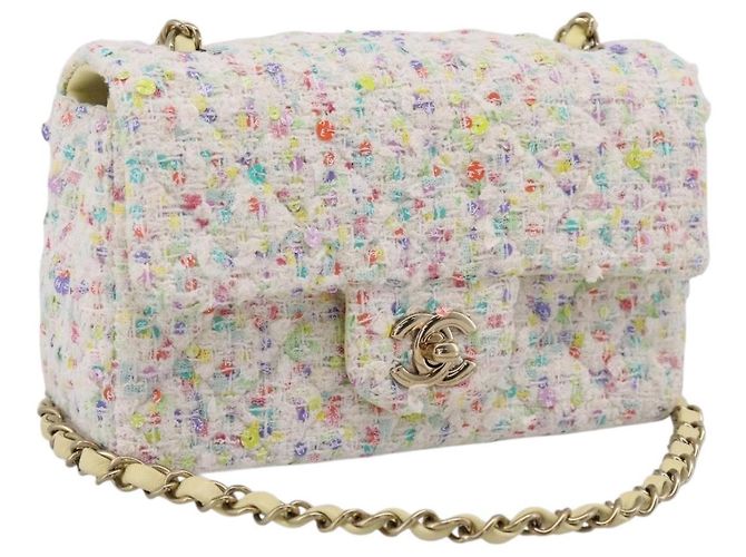 CHANEL Mini Matelasse 20 Single Flap Chain Bag Tweed White CC Auth BA15757SM Blanco Dorado
