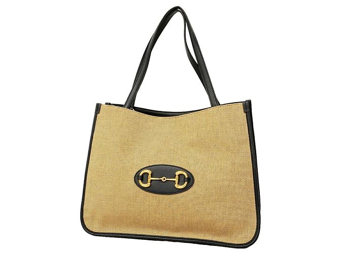 Mala Tote Gucci Horsebit Bege e Azul Marinho em Couro e Canvas