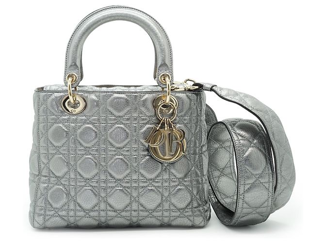 Lady Dior My ABCDior Cannage Supple Metallic Lambskin Medium Argento Grigio