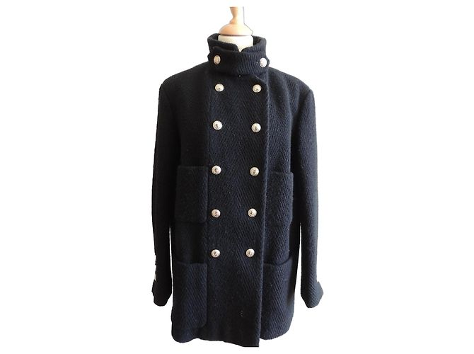 Chanel Black Wool and Alpaca Pea Coat Size 42