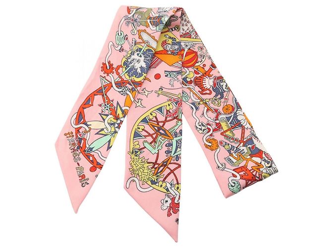 Hermès Hermes Twilly LA FOLLE PARADE Seidentuch Pink Mehrfarben
