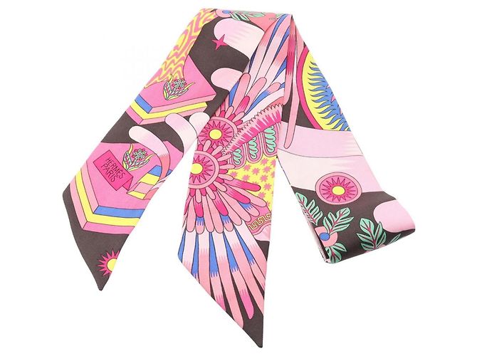 Hermès Hermes Twilly LA SOURCE DE PEGASE Ribbon Scarf Rose Multicolore