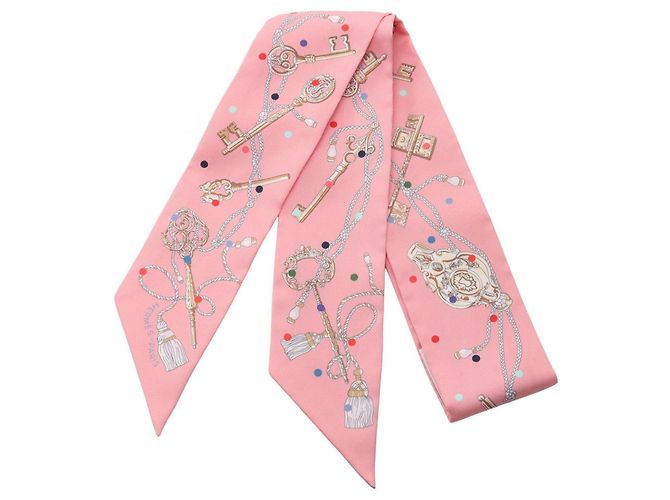 Hermès Twilly Les Cles a Pois Ribbon Scarf Rosa