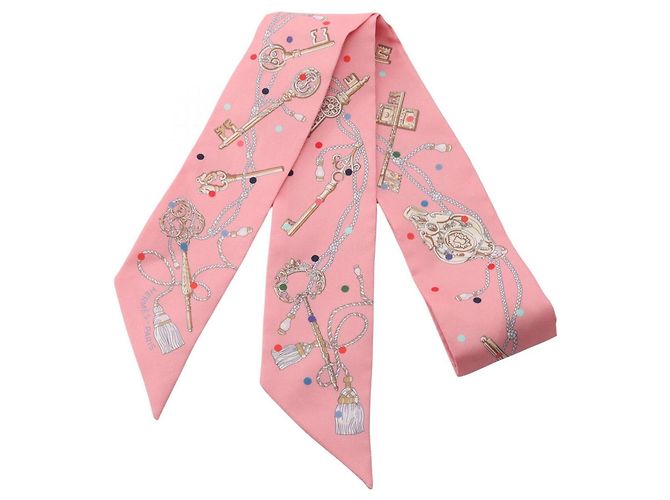 Hermès Twilly Les Cles a Pois Ribbon Scarf Rosa