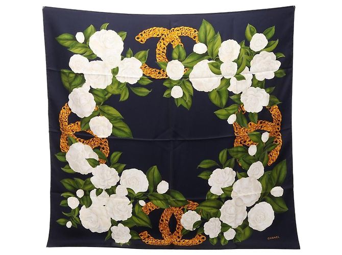 Chanel Coco Mark Camellia Silk Scarf Multiple colors Navy blue