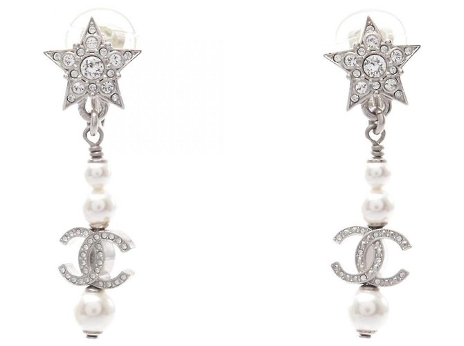 Timeless Chanel Coco Mark Star Swing B20P Clip-Ohrringe Silber Weiß