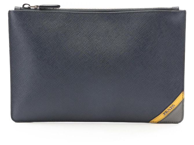 Sac à main Prada PRADA Second Bag Clutch en cuir Saffiano bleu marine