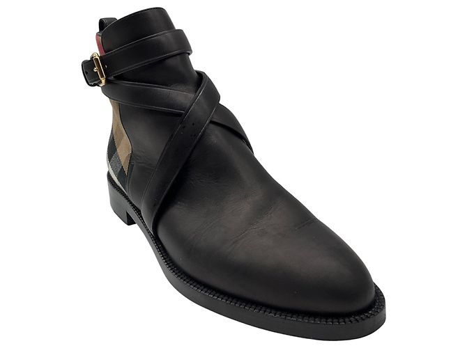 Burberry Black / Archive Beige Check and Leather Flat Ankle Boot