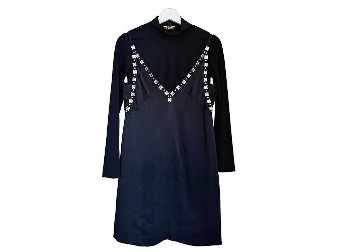 Maje schwarzes verziertes Slip-Kleid mit Mock-Neck-Top