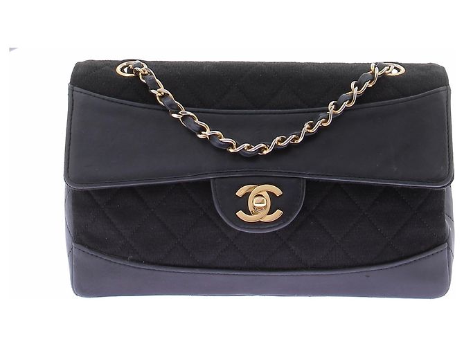 Chanel Sac à main noir en cuir et tissu