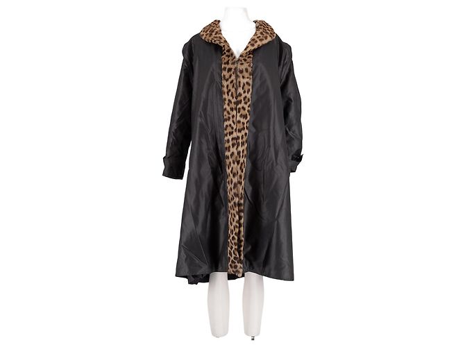 Autre Marque V.DENOYELLE Long Black Coat with Leopard Fur Collar