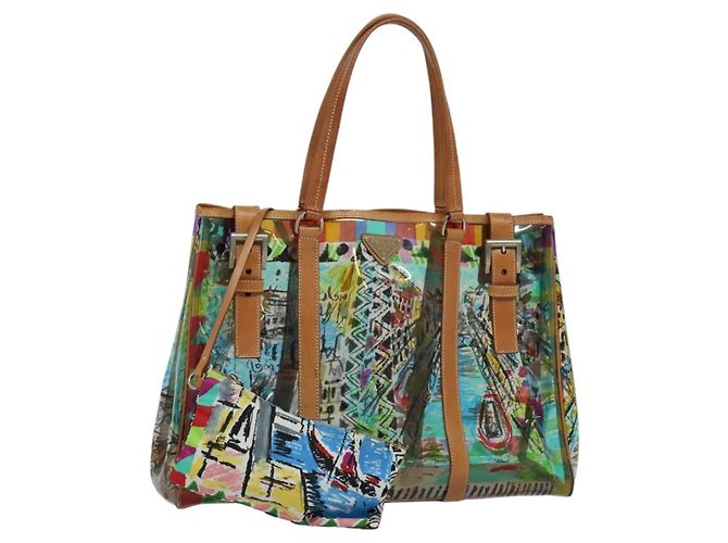 PRADA Tote Bag Vinyl Leather Clear Multicolor Silver BR2515