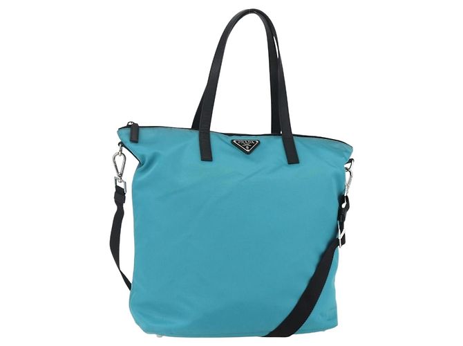 PRADA Tote Bag Nylon 2way Turquoise Blue Silver