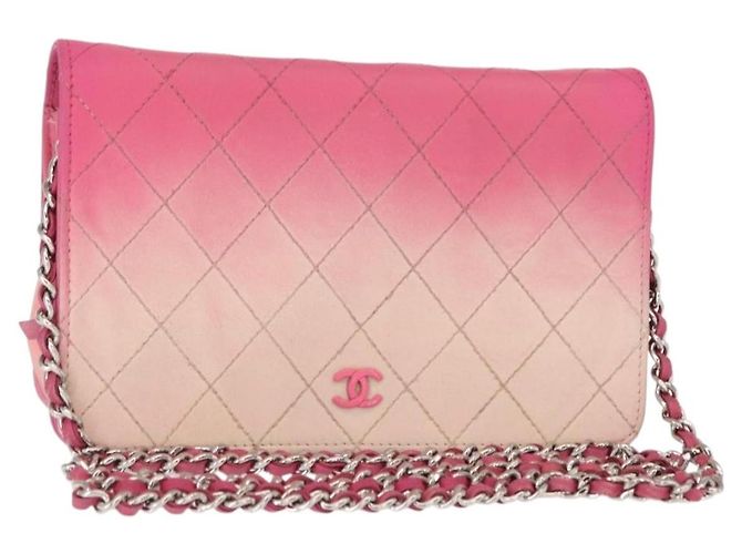CHANEL Bolsa de ombro com corrente em couro rosa prateado CC