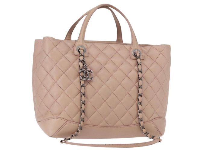 CHANEL Matelasse Tote Bag Leather 2way Pink Silver CC