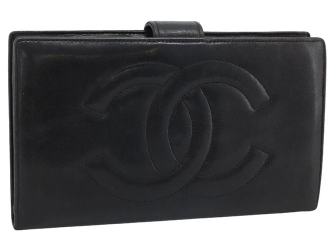 CHANEL COCO Mark Lange Geldbörse Leder Schwarz CC