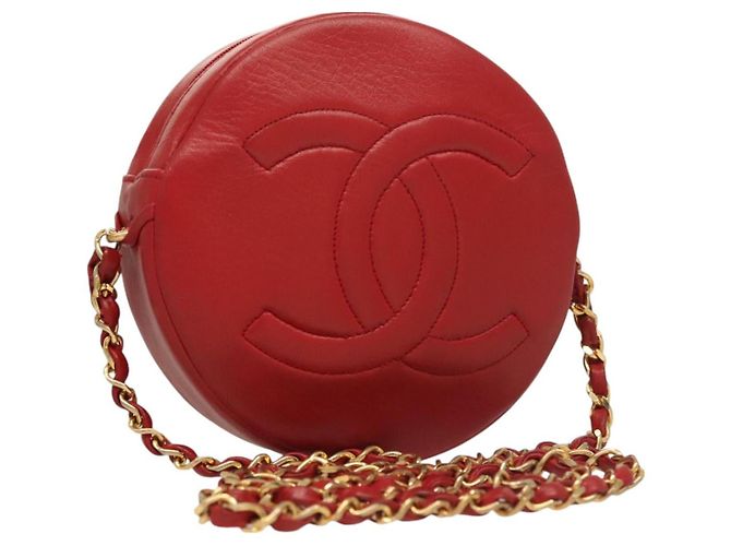 CHANEL Bolsa de Ombro com Corrente em Pele de Cordeiro Vermelha e Ouro CC