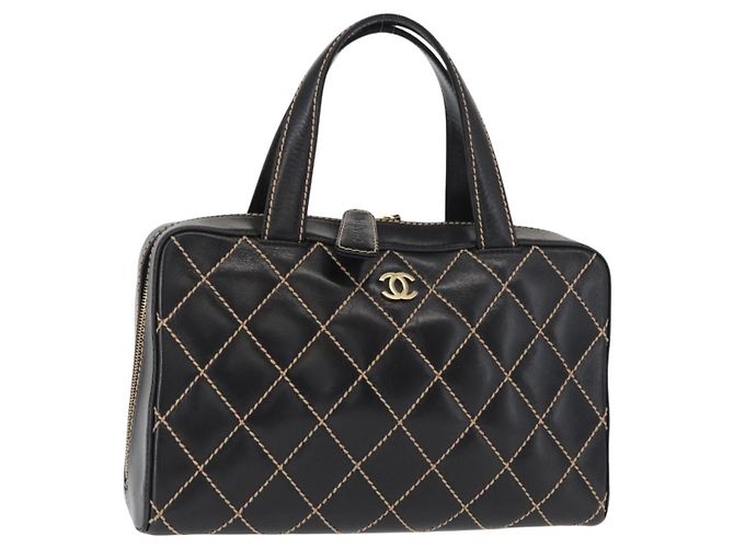 CHANEL Wild Stitch Hand Bag Cuir Noir Or CC