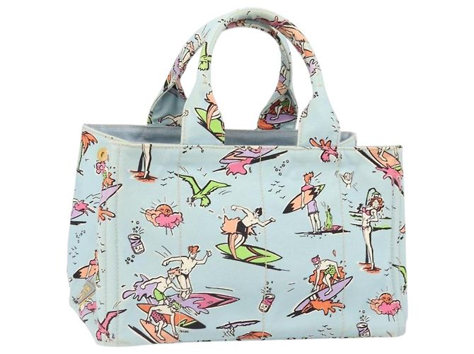 PRADA Canapa MM Hand Bag Canvas Light Blue Gold
