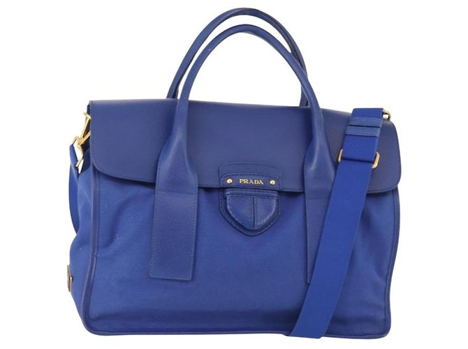 PRADA Hand Bag Leather Canvas 2way Blue Gold