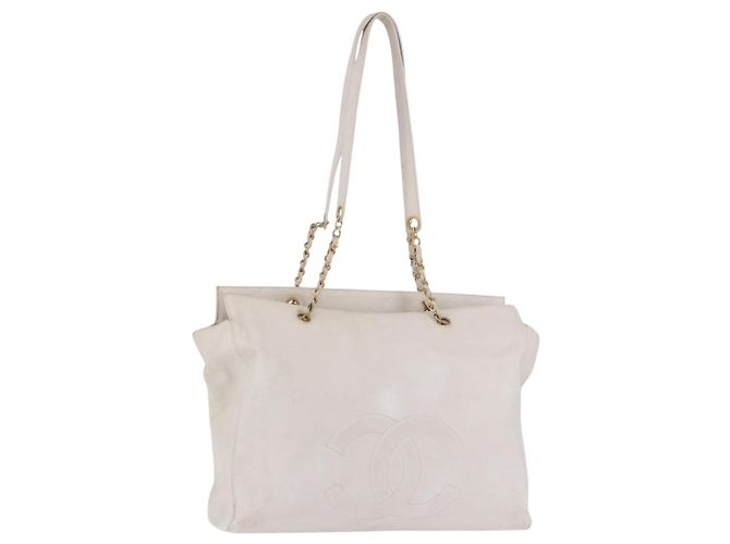 CHANEL Bolsa Tote com Corrente em Couro Caviar White Gold CC