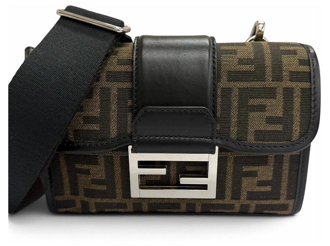 Fendi Canvas Leather Zucca Pattern Baguette Double Shoulder Bag Brown Black