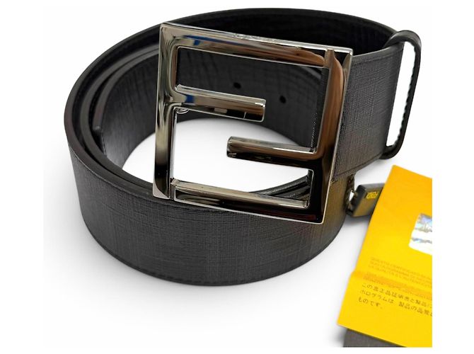 Zucca Fendi Black Leather Belt with FF Logo Buckle