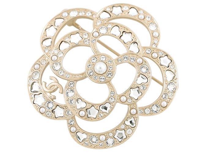 Broche Chanel Camélia com strass Dourado