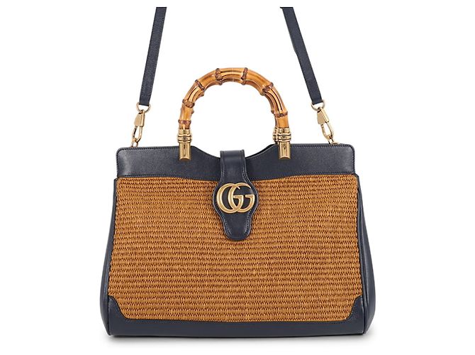 Borsa Gucci GG Marmont in pelle e rafia con bambù Marrone Blu navy