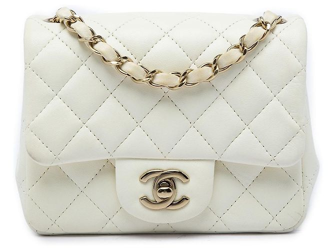 Chanel White Mini Square Classic Lambskin Single Flap Branco