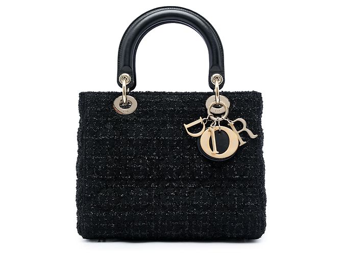 Dior Black Medium Tweed Cannage Lady Dior Noir