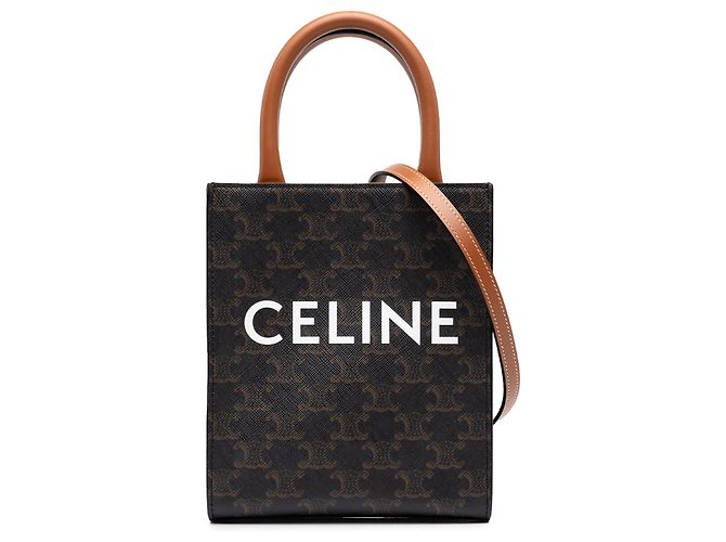 Céline Celine Mini Triomphe Coated Canvas Vertical Cabas Satchel Castanho Marrom Castanho escuro