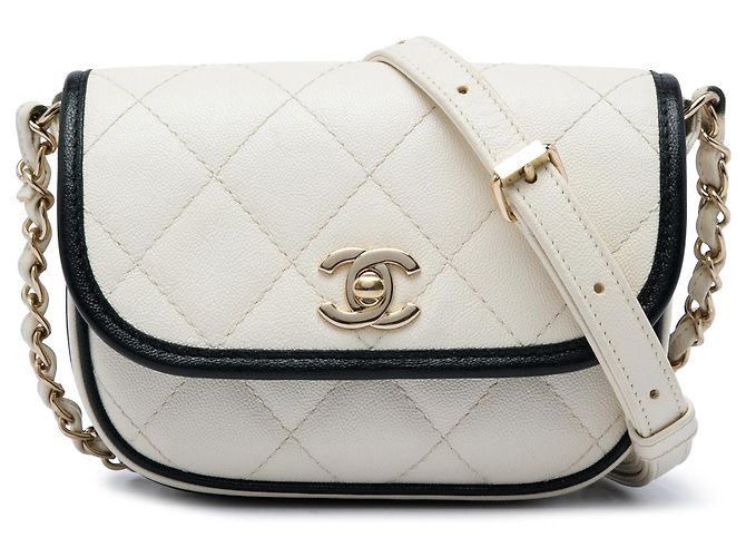Chanel White Mini CC Bicolor Quilted Caviar Messenger Flap Blanc Blanc cassé