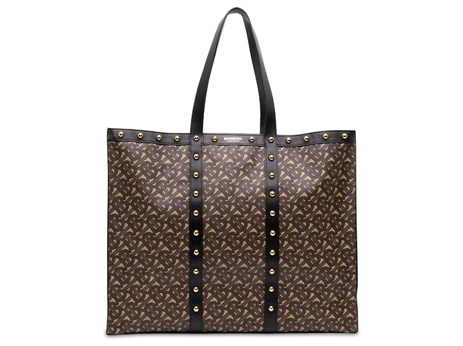 Bolsa Tote Horizontal Burberry Brown TB Monogram E Canvas e couro com tachas