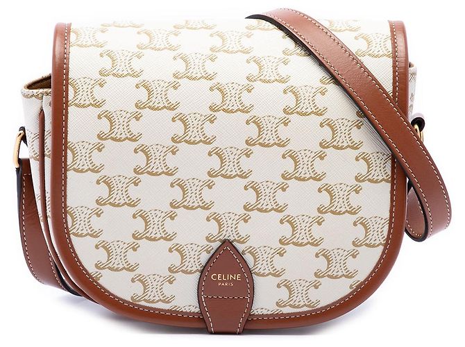 Céline Celine White Medium Triomphe Coated Canvas Folco Crossbody Blanc Écru