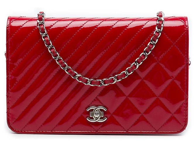Chanel Red Quilted Patent Coco Boy Wallet On Chain Rouge