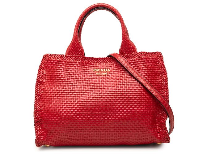 Bolsa Satchel Prada Small em pele de cabra trançada Madras Vermelha Vermelho