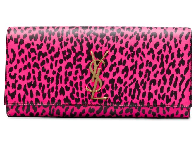 Autre Marque Clutch Saint Laurent in pelle rosa con stampa leopardata e monogramma Cassandre