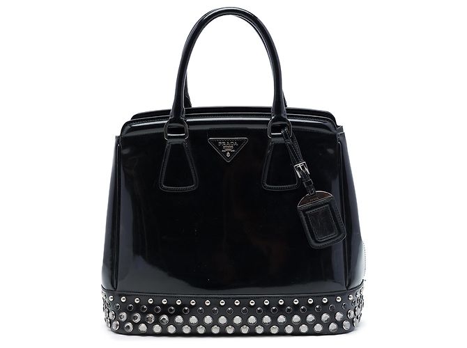 Prada Black Spazzolato Leather Studded Crystal Tote