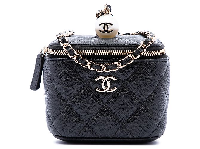 Mini Vanity Case Chanel Nero Matelassé in Pelle Caviar con Perle e Catena